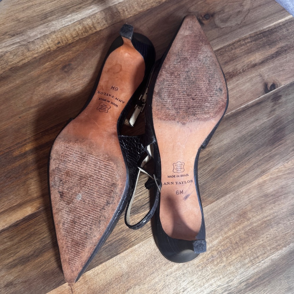 Ann Taylor Black Croc Embossed Leather Slingback Kitten Heels Pointed Toe 6M - Picture 7 of 7